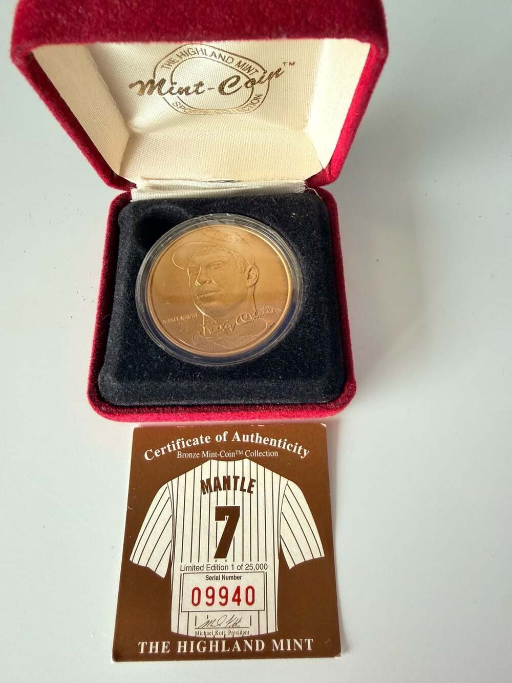 The Highland Mint Mickey Mantle Bronze Medallion Coin Limited Edition 1 of